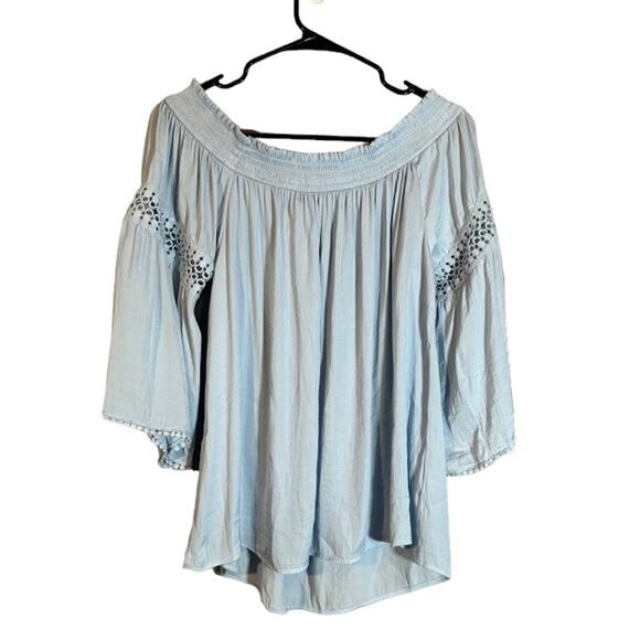 Jennifer Lopez Baby Blue Angel Short Sleeves Cold Shoulder Blouse Women Sz L - Picture 1 of 9